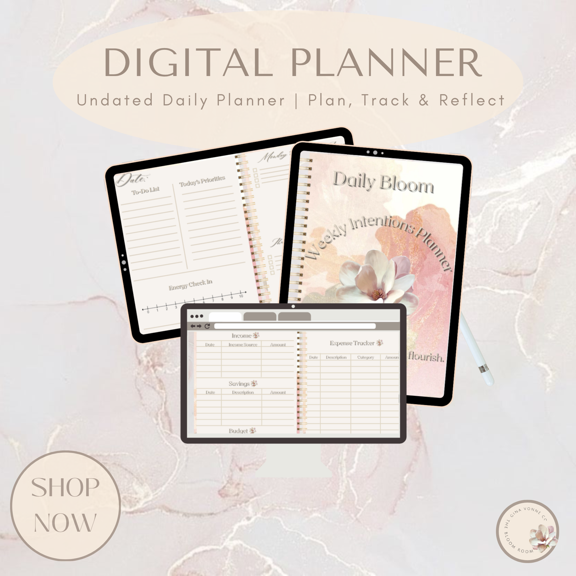Daily Bloom Weekly Intentions Planner cover shown across tablet devices
